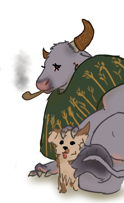 link to Dori's page. A large minotaur petting a small dog and smoking a pipe.